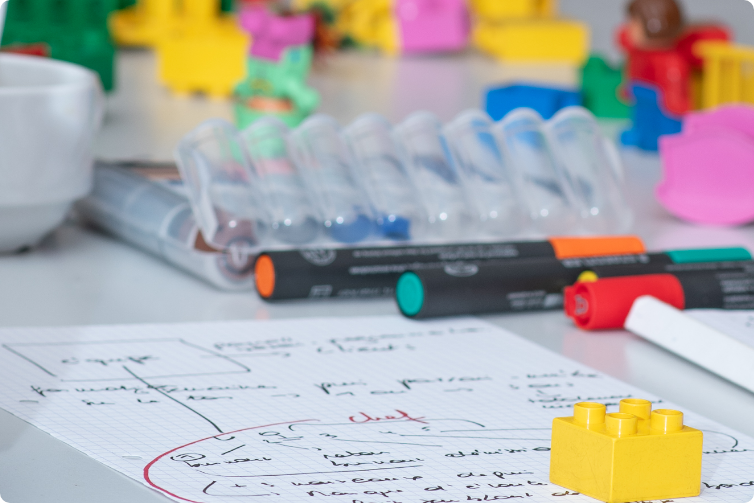 Un aperçu d’une table lors d’un atelier d'intelligence collective à la Maison des Femmes de Schaerbeek, avec le matériel pour matérialiser des situations en lego, et coconstruire des solutions pour améliorer la situation. oplic asbl